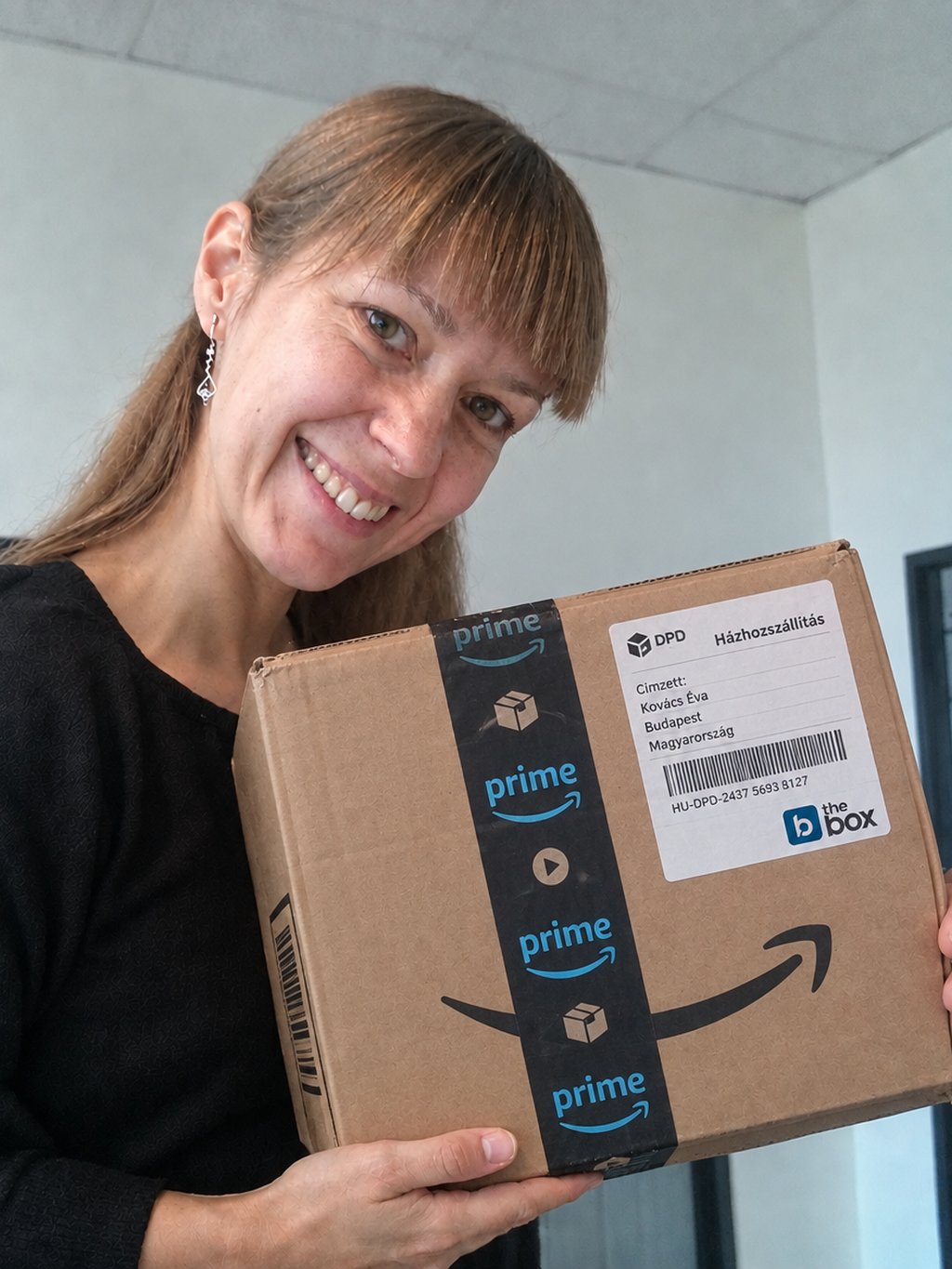 Cliente segurando a caixa recebida ainda lacrada, com a etiqueta de envio visível